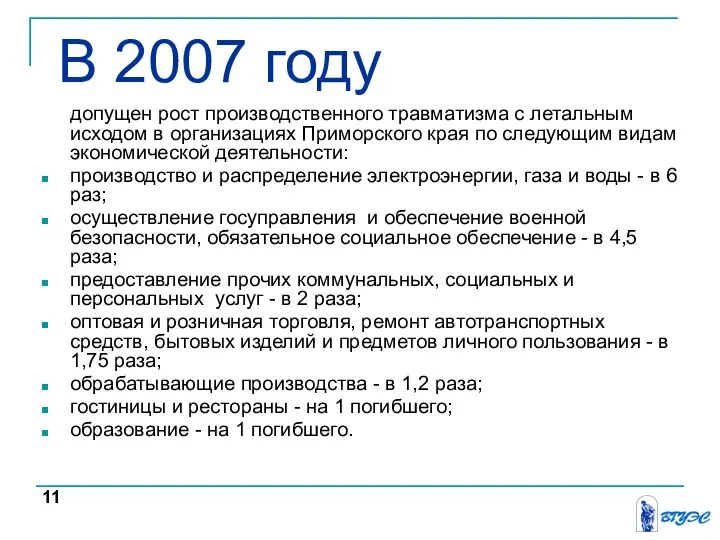 В 2007 году допущен рост производственного травматизма с летальным исходом в