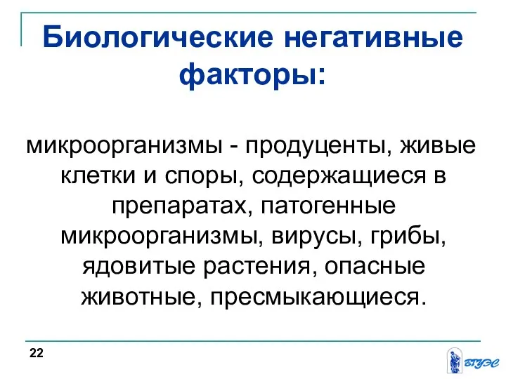 Биологические негативные факторы: микроорганизмы - продуценты, живые клетки и споры, содержащиеся