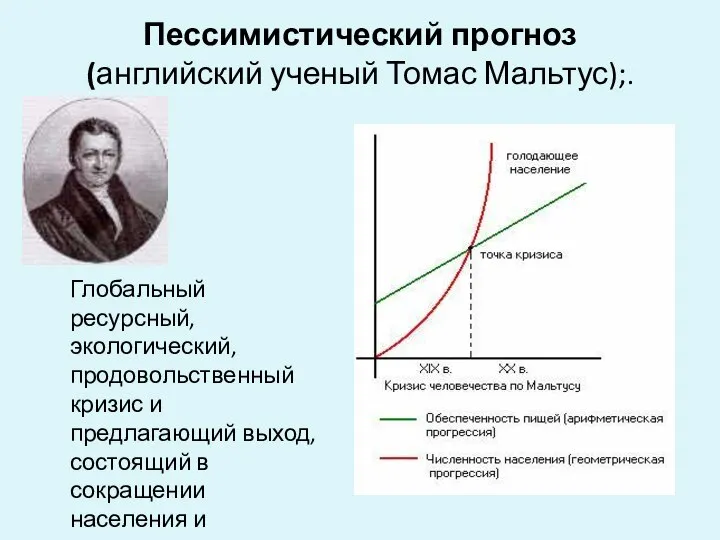 Пессимистический прогноз (английский ученый Томас Мальтус);. Глобальный ресурсный, экологический, продовольственный кризис