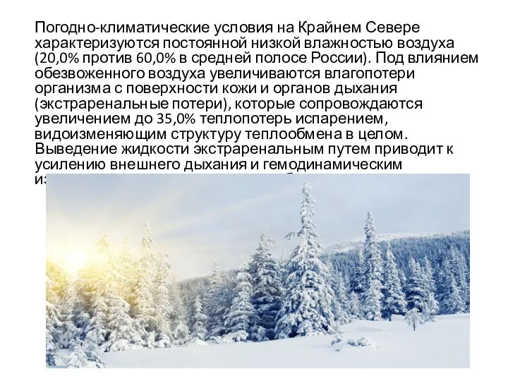 Погодно-климатические условия на Крайнем Севере характеризуются постоянной низкой влажностью воздуха (20,0%