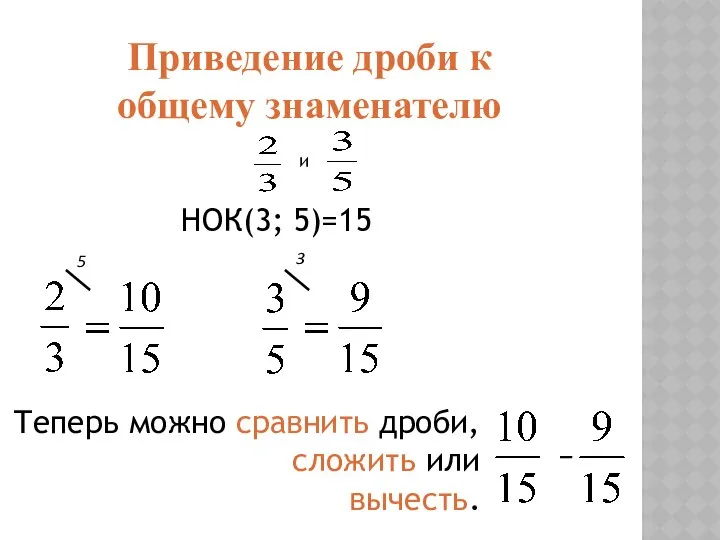 3 5 НОК(3; 5)=15 Теперь можно сравнить дроби, сложить или вычесть.