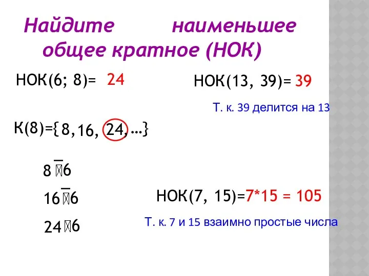 Найдите наименьшее общее кратное (НОК) НОК(6; 8)= НОК(7, 15)= К(8)={ 8