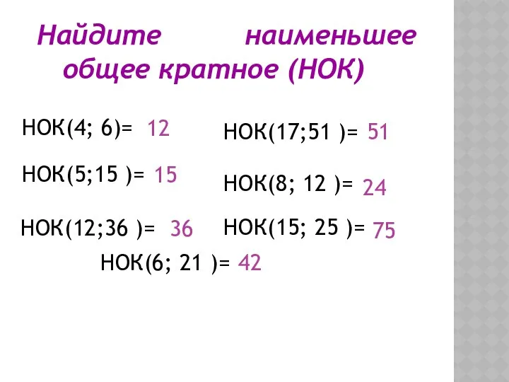 Найдите наименьшее общее кратное (НОК) НОК(4; 6)= 12 НОК(5;15 )= 15