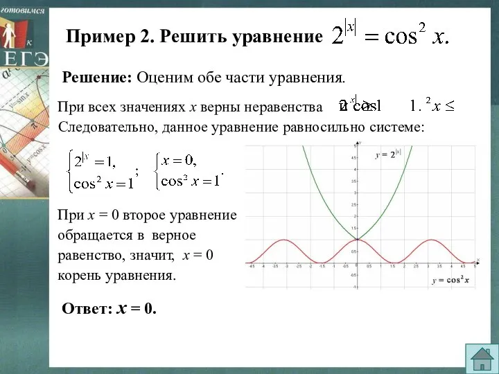 Пример 2. Решить уравнение Решение: Оценим обе части уравнения. Следовательно, данное