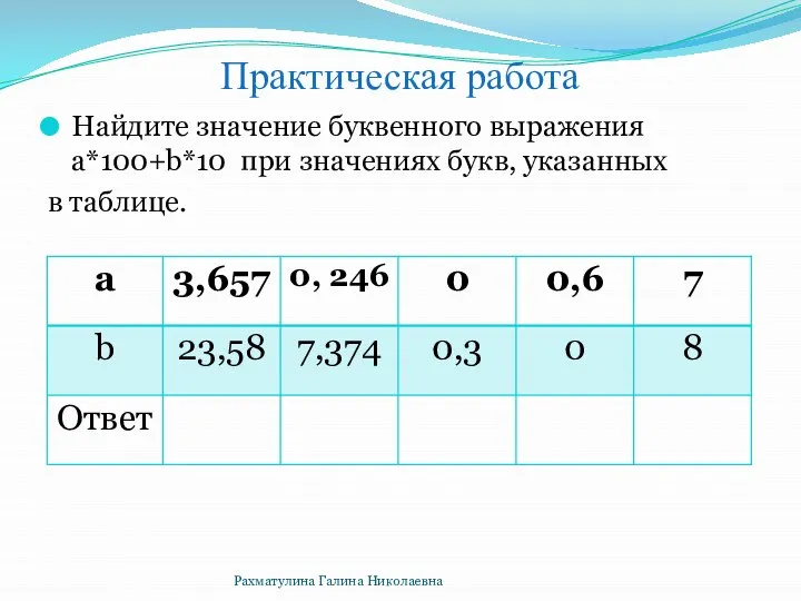 Практическая работа Найдите значение буквенного выражения a*100+b*10 при значениях букв, указанных в таблице. Рахматулина Галина Николаевна