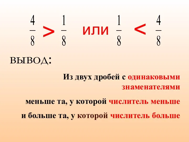 вывод: Из двух дробей с одинаковыми знаменателями меньше та, у которой