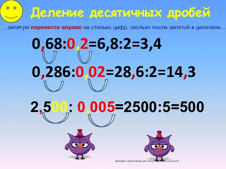 Деление десятичных дробей …запятую перенести вправо на столько цифр, сколько после