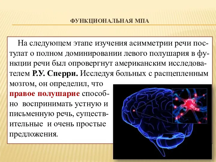 ФУНКЦИОНАЛЬНАЯ МПА На следующем этапе изучения асимметрии речи пос-тулат о полном