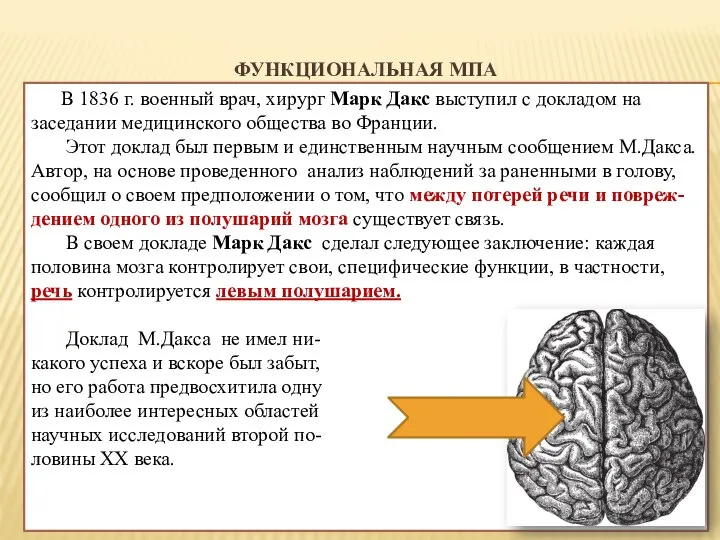 ФУНКЦИОНАЛЬНАЯ МПА В 1836 г. военный врач, хирург Марк Дакс выступил