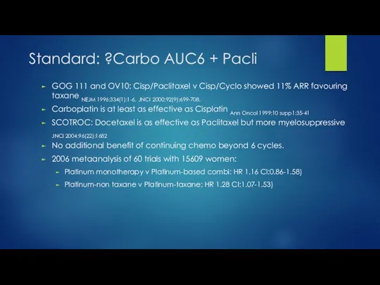 Standard: ?Carbo AUC6 + Pacli GOG 111 and OV10: Cisp/Paclitaxel v