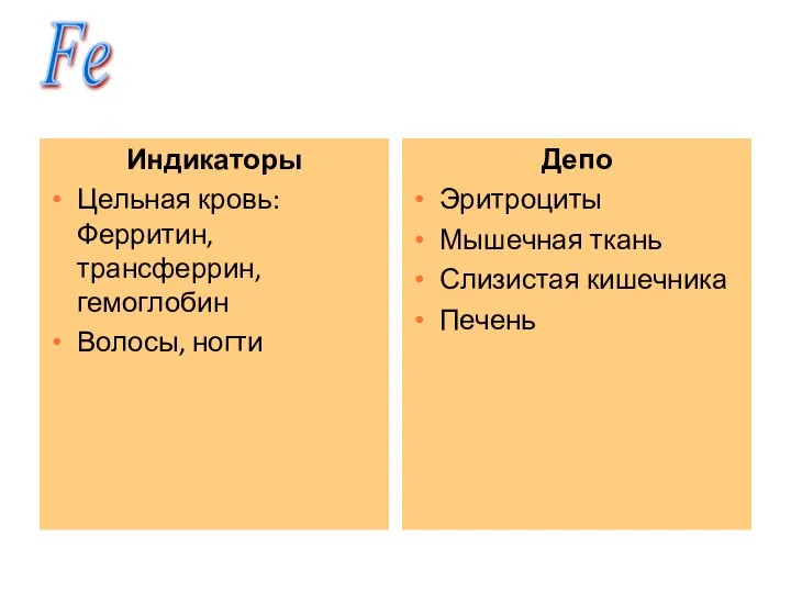 Индикаторы Цельная кровь: Ферритин, трансферрин, гемоглобин Волосы, ногти Депо Эритроциты Мышечная ткань Слизистая кишечника Печень Fe