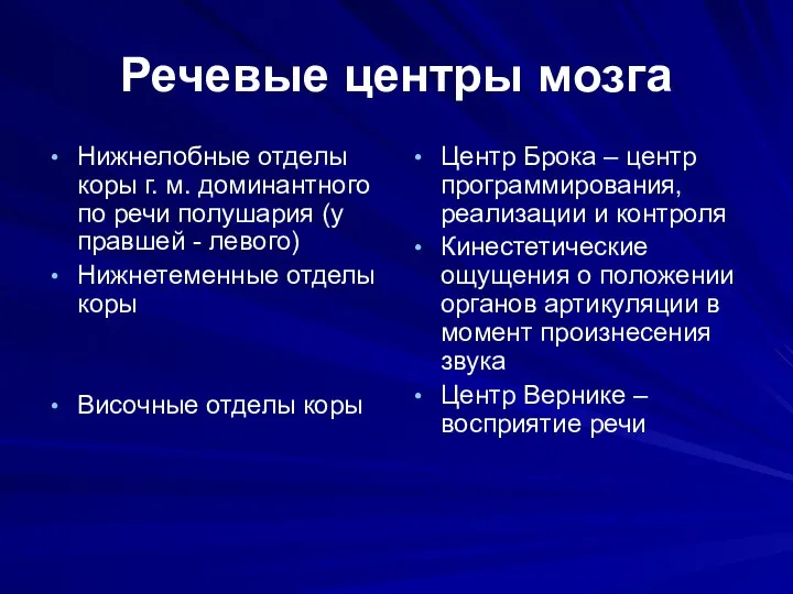 Речевые центры мозга Нижнелобные отделы коры г. м. доминантного по речи