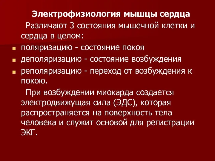 Электрофизиология мышцы сердца Различают 3 состояния мышечной клетки и сердца в