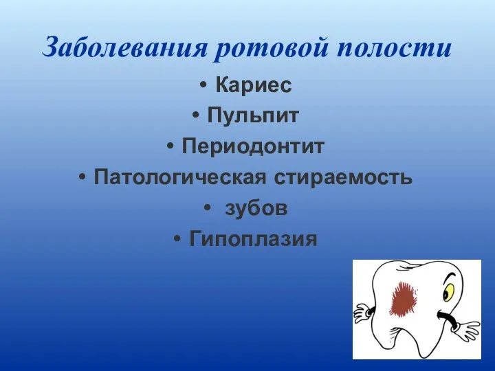 Заболевания ротовой полости Кариес Пульпит Периодонтит Патологическая стираемость зубов Гипоплазия