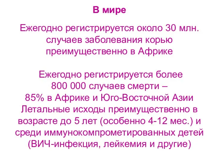 В мире Ежегодно регистрируется около 30 млн. случаев заболевания корью преимущественно