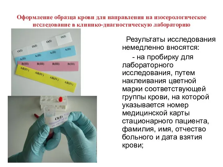 Оформление образца крови для направления на изосерологическое исследование в клинико-диагностическую лабораторию