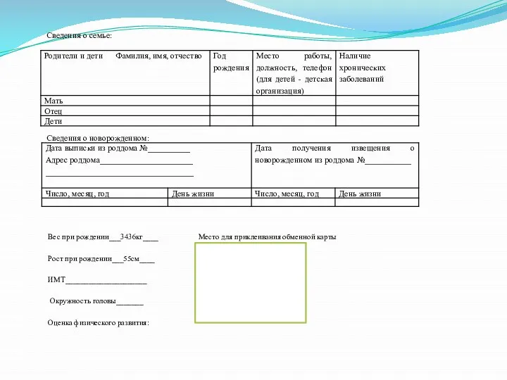 Сведения о семье: Сведения о новорожденном: Вес при рождении___3436кг____ Рост при