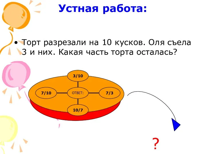 Устная работа: Торт разрезали на 10 кусков. Оля съела 3 и