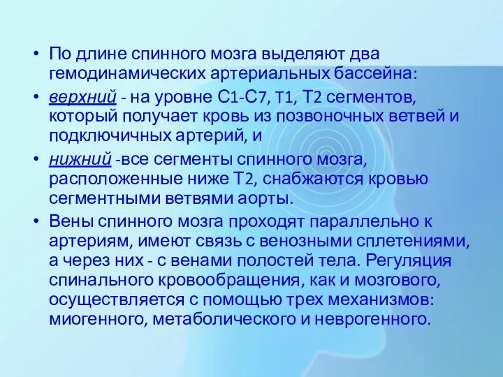 По длине спинного мозга выделяют два гемодинамических артериальных бассейна: верхний -