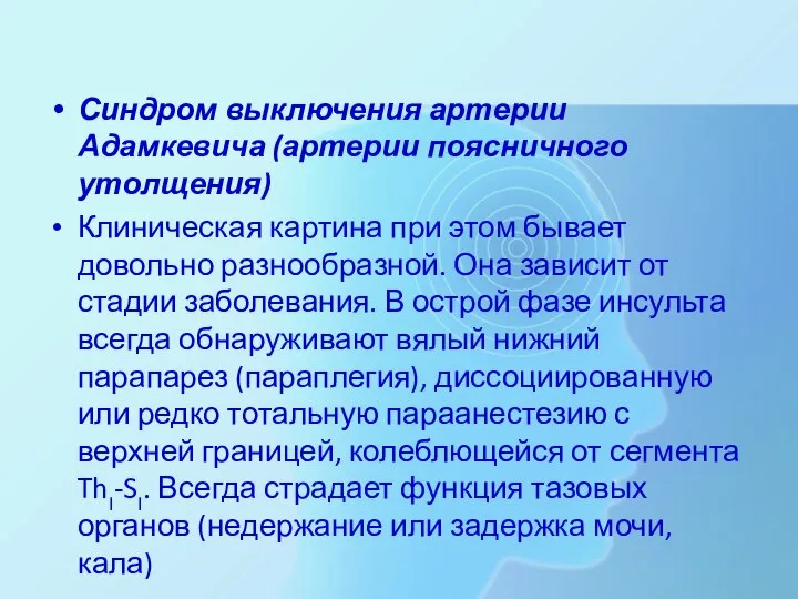 Синдром выключения артерии Адамкевича (артерии поясничного утолщения) Клиническая картина при этом