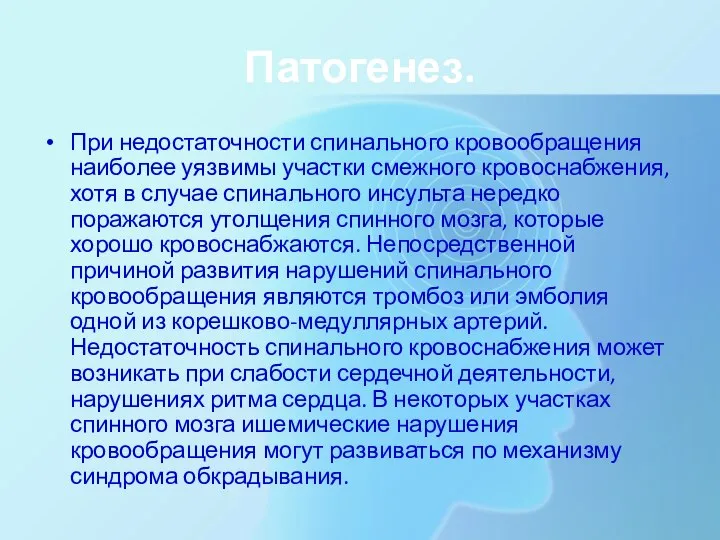 Патогенез. При недостаточности спинального кровообращения наиболее уязвимы участки смежного кровоснабжения, хотя