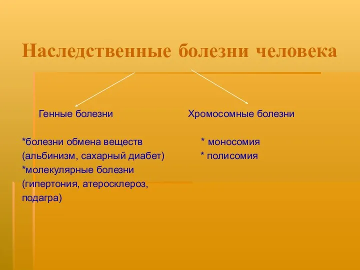 Наследственные болезни человека Генные болезни Хромосомные болезни *болезни обмена веществ *