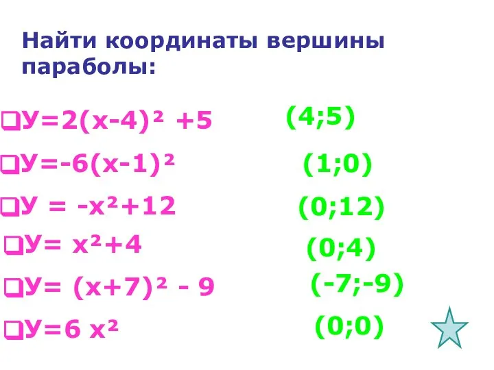 Найти координаты вершины параболы: У=2(х-4)² +5 У=-6(х-1)² У = -х²+12 У=