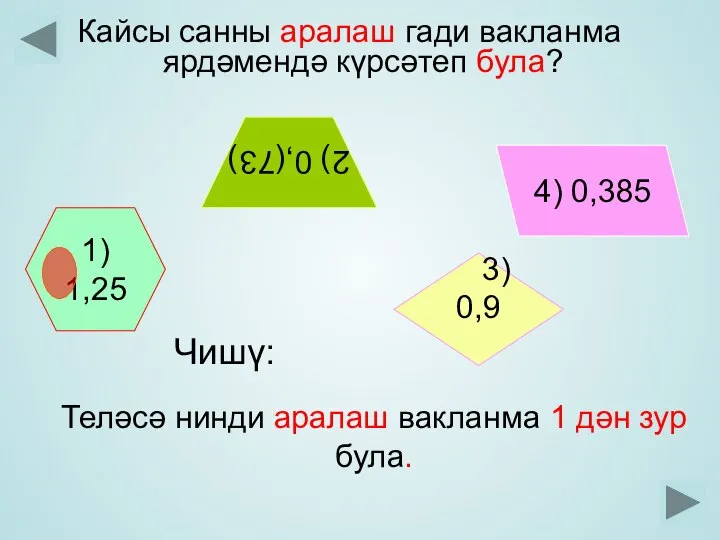 1) 1,25 4) 0,385 3) 0,9 2) 0,(73) Кайсы санны аралаш