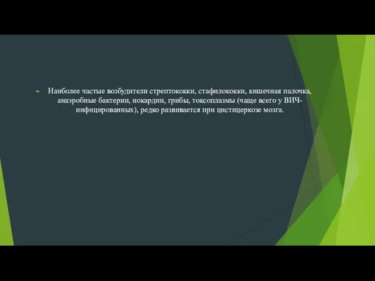 Наиболее частые возбудители стрептококки, стафилококки, кишечная палочка, анаэробные бактерии, нокардии, грибы,