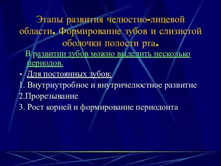 Этапы развития челюстно-лицевой области. Формирование зубов и слизистой оболочки полости рта.