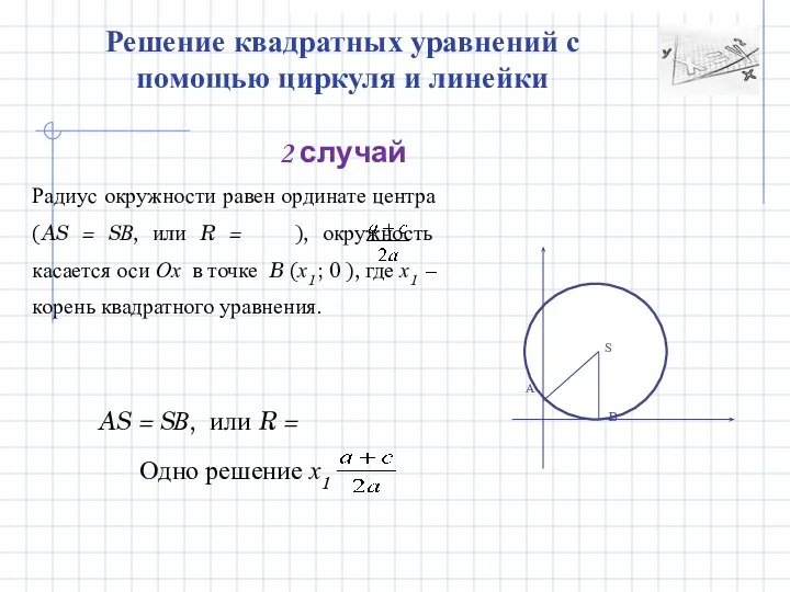 Радиус окружности равен ординате центра (AS = SВ, или R =