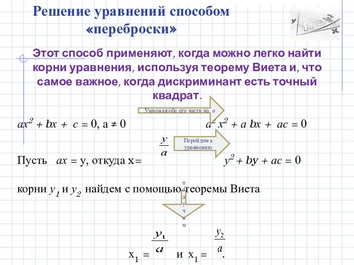 Решение уравнений способом «переброски» Этот способ применяют, когда можно легко найти