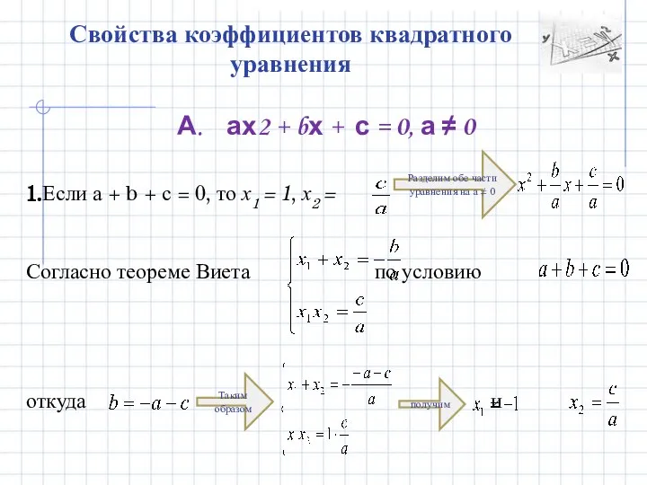 Свойства коэффициентов квадратного уравнения А. ах2 + bх + с =