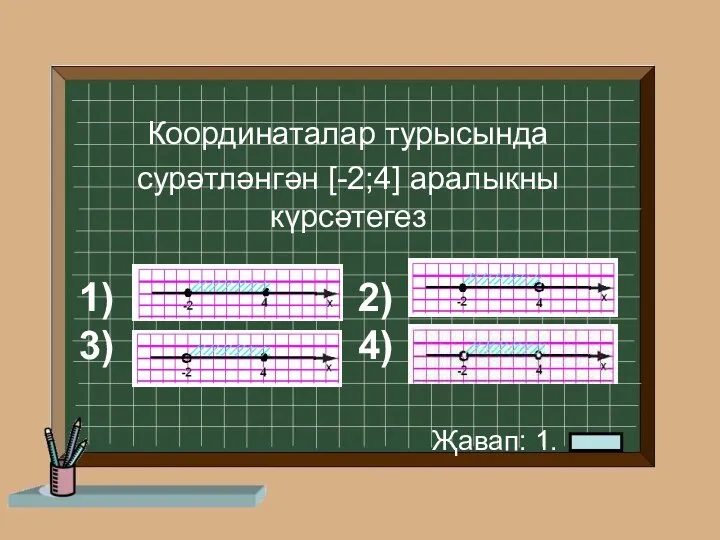 1) 2) 3) 4) Координаталар турысында сурәтләнгән [-2;4] аралыкны күрсәтегез Җавап: 1.