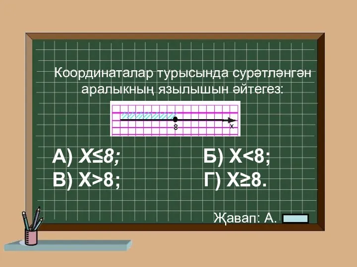 А) Х≤8; Б) Х 8; Г) Х≥8. Координаталар турысында сурәтләнгән аралыкның язылышын әйтегез: Җавап: А.