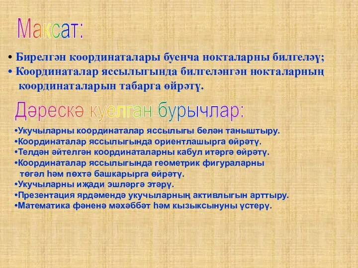 Максат: Бирелгән координаталары буенча нокталарны билгеләү; Координаталар яссылыгында билгеләнгән нокталарның координаталарын