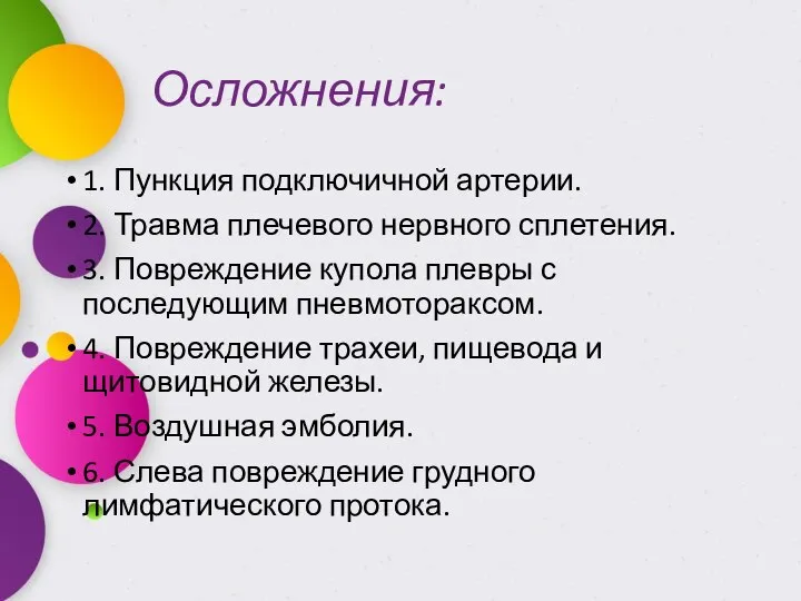 Осложнения: 1. Пункция подключичной артерии. 2. Травма плечевого нервного сплетения. 3.