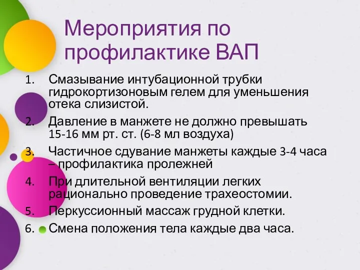 Мероприятия по профилактике ВАП Смазывание интубационной трубки гидрокортизоновым гелем для уменьшения