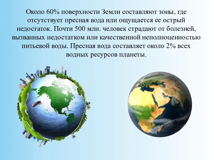 Около 60% поверхности Земли составляют зоны, где отсутствует пресная вода или