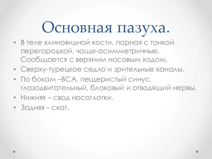 Основная пазуха. В теле клиновидной кости, парная с тонкой перегородкой, чаще-асимметричные.