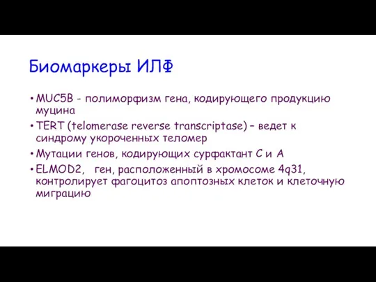 Биомаркеры ИЛФ MUC5B - полиморфизм гена, кодирующего продукцию муцина TERT (telomerase