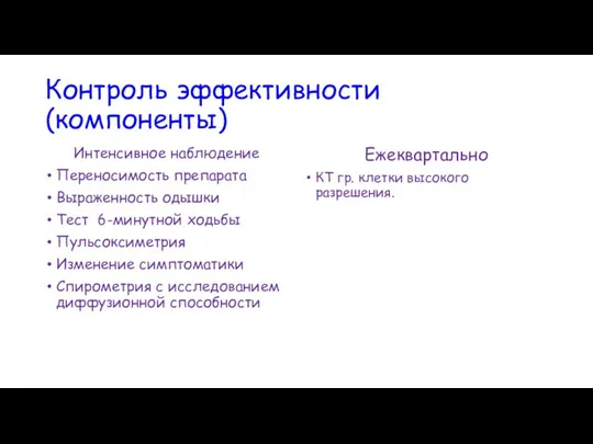 Контроль эффективности (компоненты) Интенсивное наблюдение Переносимость препарата Выраженность одышки Тест 6-минутной