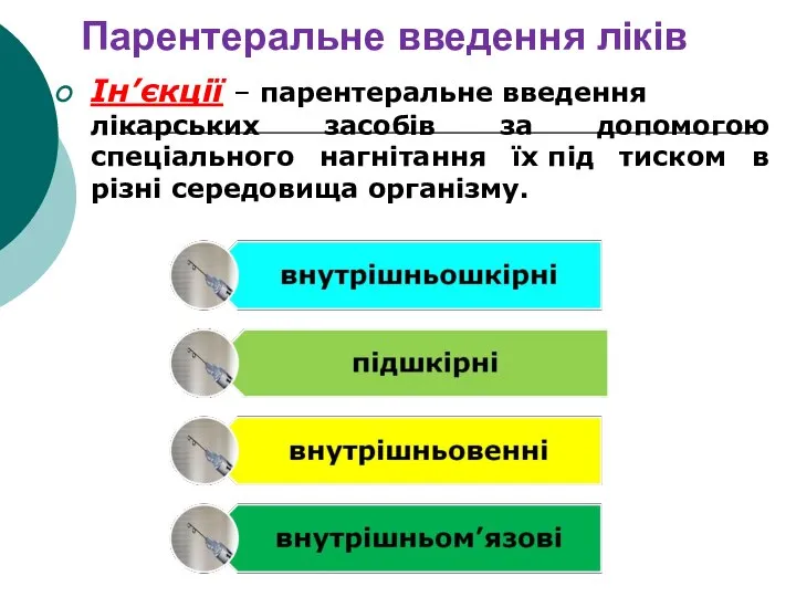 Парентеральне введення ліків Ін’єкції – парентеральне введення лікарських засобів за допомогою