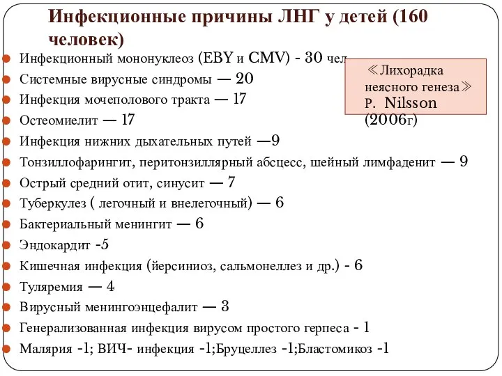 Инфекционные причины ЛНГ у детей (160 человек) Инфекционный мононуклеоз (EBY и