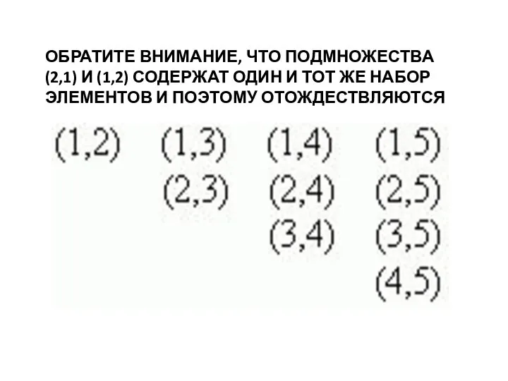 ОБРАТИТЕ ВНИМАНИЕ, ЧТО ПОДМНОЖЕСТВА (2,1) И (1,2) СОДЕРЖАТ ОДИН И ТОТ