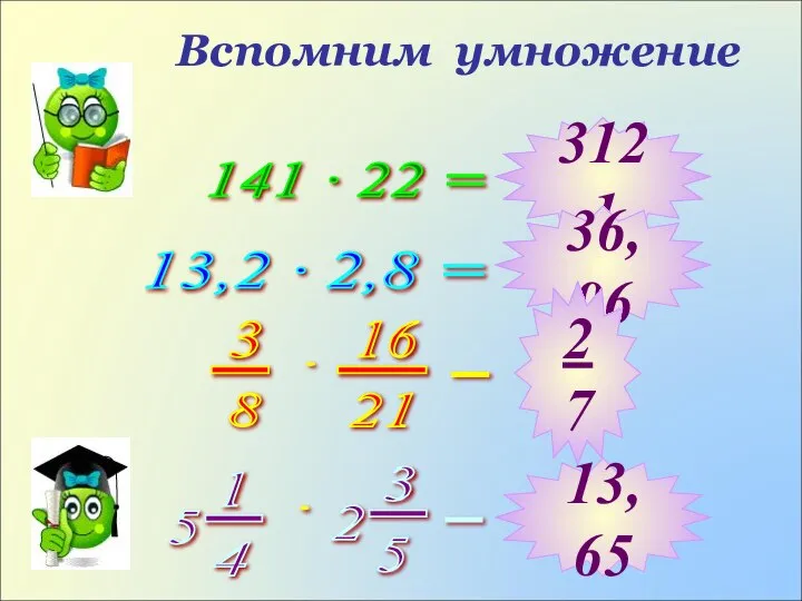 Вспомним умножение 141 · 22 = 13,2 · 2,8 = 3121 36,96 2 7 13,65 ·