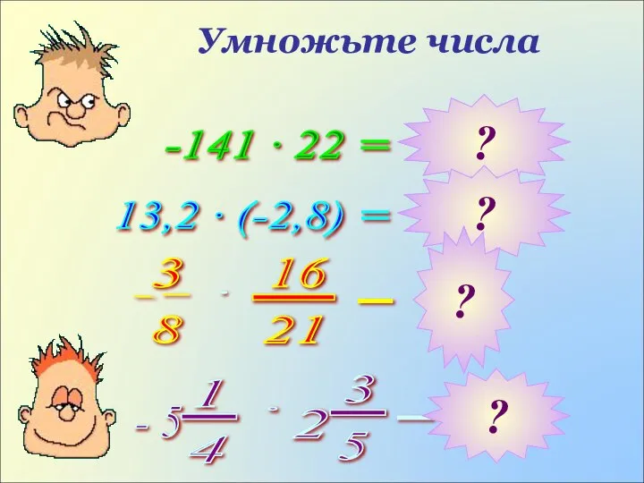 Умножьте числа -141 · 22 = 13,2 · (-2,8) = ? ? ? ? ·