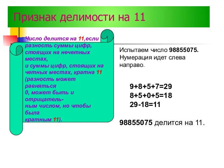 Признак делимости на 11 Число делится на 11,если разность суммы цифр,