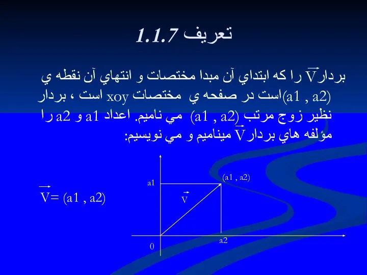 1.1.7 تعريف بردارV را كه ابتداي آن مبدا مختصات و انتهاي