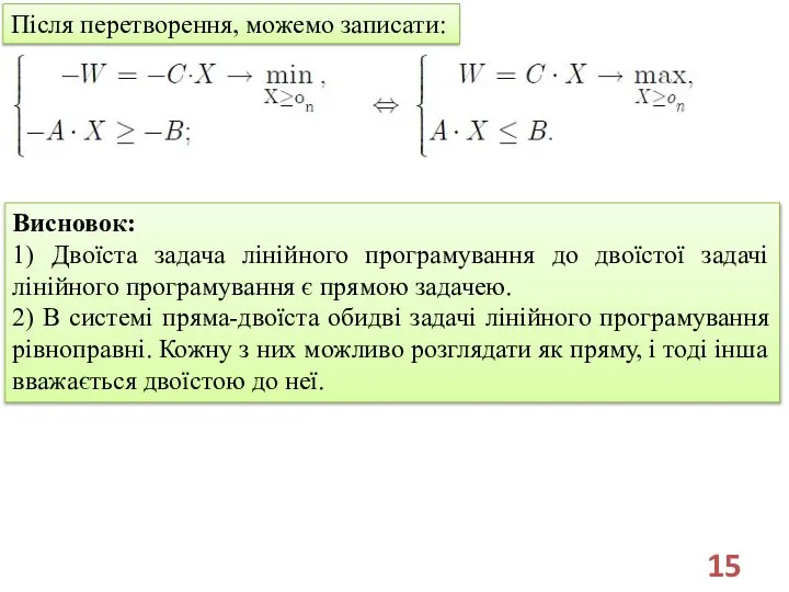 Після перетворення, можемо записати: Висновок: 1) Двоїста задача лінійного програмування до